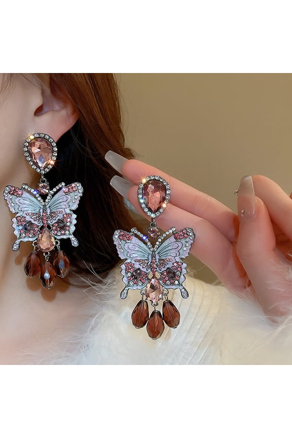Vintage Niche Diamond-Studded Butterfly Artificial Crystal Tassel Silver Needle Earrings European and American Light Luxury High-End Elegant Earrings for Women