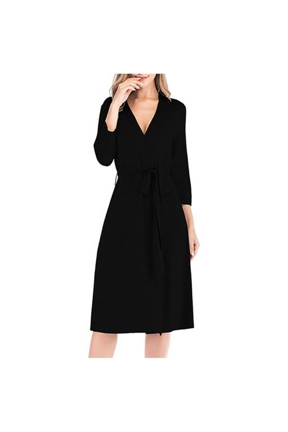 Vintage Nightgown Women's Casual Robe Long Knit Bathrobe 3/4 Sleeves Soft Solid Color Lightweight Breathable Loungewear Homewear Black XXL