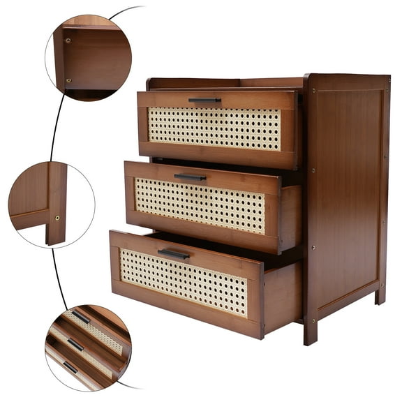 Vintage Nightstand with 3 Drawer, Bamboo End Table with 3 Mesh Storage Drawers Sofa Side Table Bedside Table for Small Spaces, Bedroom, Living Room (Dark Brown)