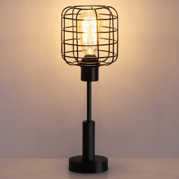 Vintage Nightstand Lamp with Caged Wire Shade Night Light Home Decor, Black