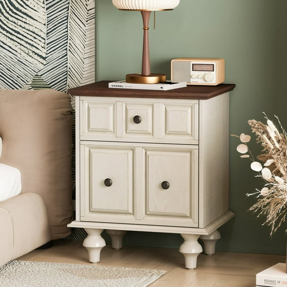 Vintage Nightstand with 2 Drawers, Solid Wood Night Stand with Roman Column Legs, Bedside Table End Table for Bedroom, Antique White