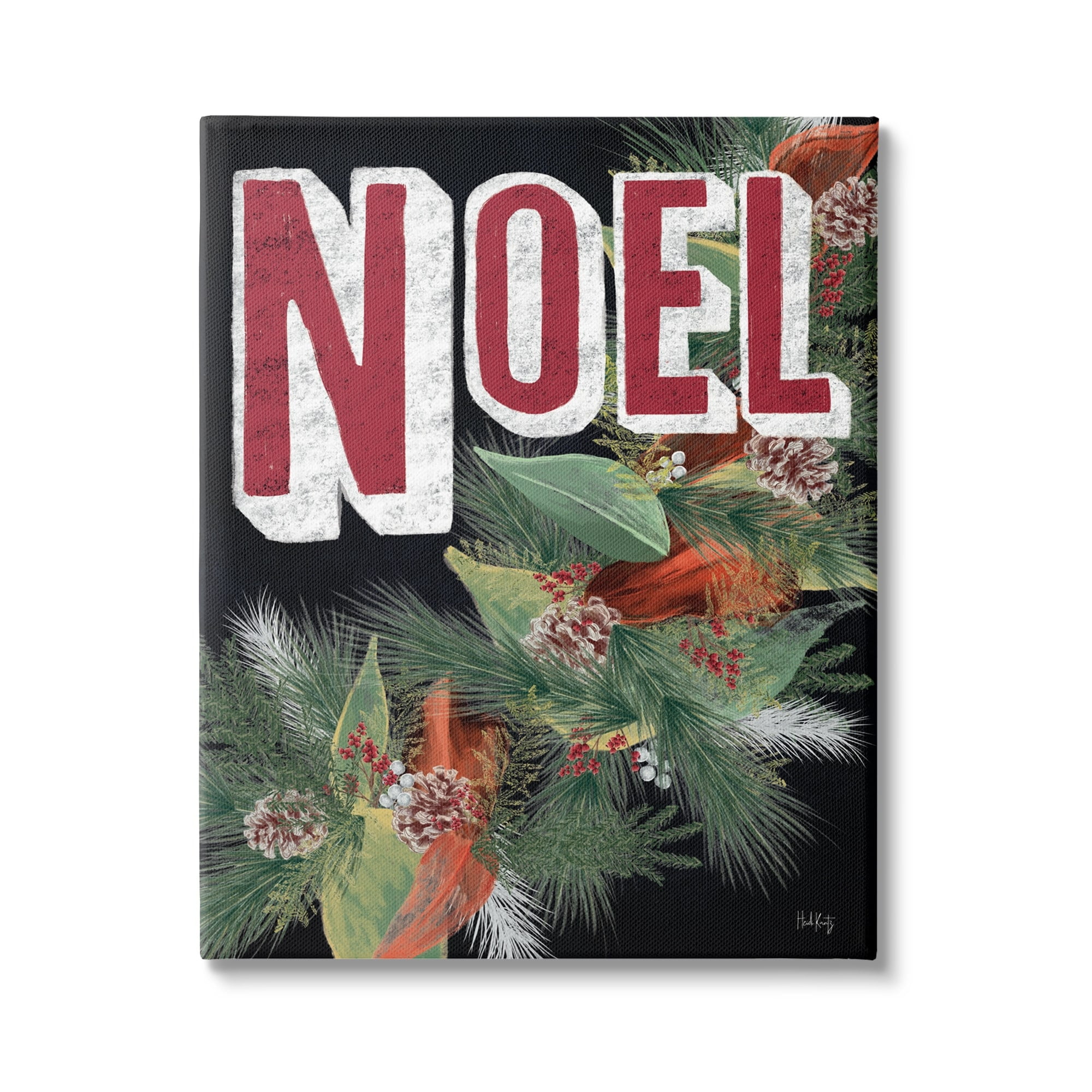 Vintage Noel Text Snow Dusted Botanicals Pinecones Inspirational Graphic Art Gallery-Wrapped Canvas Print Wall Art