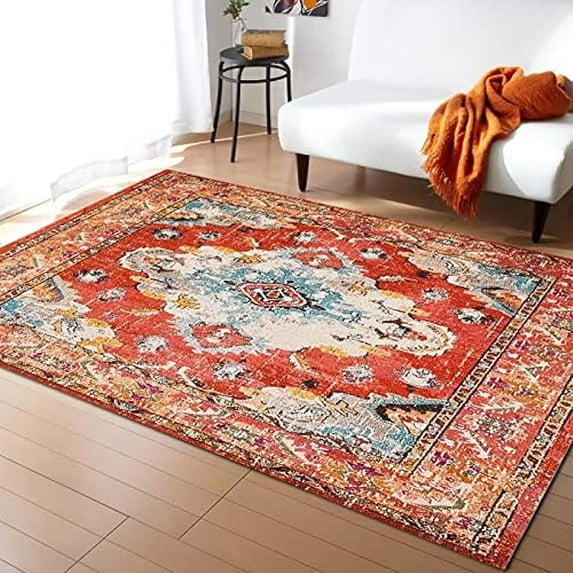 Vintage Nordic Bohemian Orange Indoor Rug, Classic Abstract Boho Traditional Area Rug, Washable Easy Clean Foldable Large Rugs For Living Room Bedroom Nursery Entryway Hallway 5 x 6ft