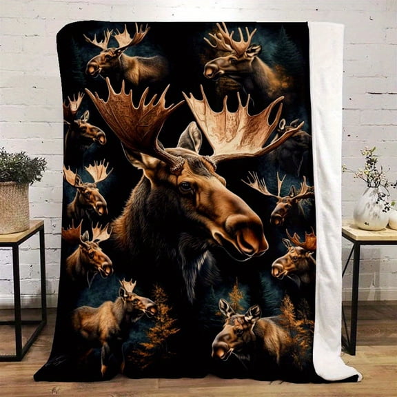 Vintage North American Moose Flannel Throw Blanket, Soft and Comfortable, All-Season Nap Blanket, Machine Washable, for Car, Sofa, Bed, Camping and Home Use, Wildlife Gift