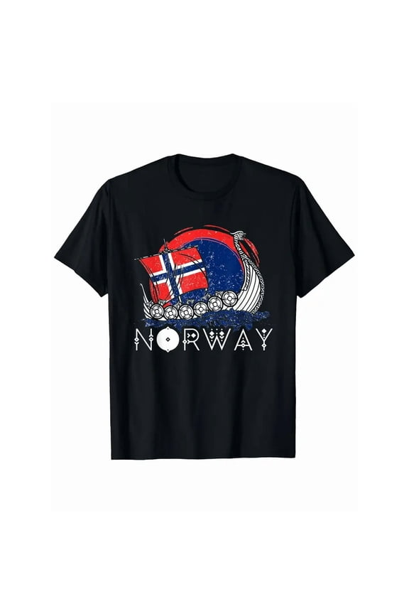 Vintage Norway Flag Viking Ship Graphic Unisex Short Sleeve Casual T-Shirt