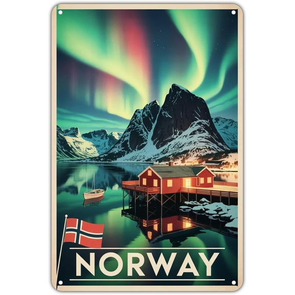 Vintage Norway Lofoten Northern Lights Metal Tin Sign for Garden Yard Porch Garage Home Decor 8 x 12 Easy to Hang