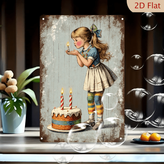 Vintage Nostalgic 8x12 Inches Metal Wall Art Featuring Young Girl Blowing Birthday Candle, Blue Ribbon Blonde Hair, Floral Dress, Pastel Cake with Striped Candles, Soft Painterly Childhood Scene