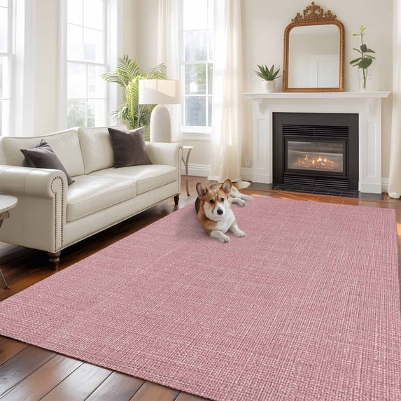 Vintage Nude Pink Area Rug 5x7 FT, Non Slip Bedroom Throw Carpet, Farmhouse Retro Solid Color Linen Texture Washable Soft Floor Carpet Non-Shedding Rug for Dining Room Bedside Classroom Desk