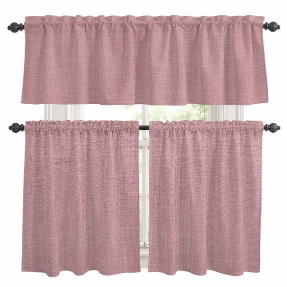 Vintage Nude Pink Kitchen Curtains Sets for Windows 36 Inch Length, Farmhouse Retro Solid Color Linen Texture Rod Pocket Window Treatments Tier Curtains and Valances Set for Bedroom/Bathroom