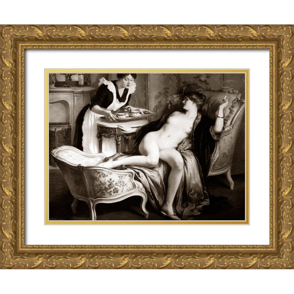 Vintage Nudes 24x19 Black Ornate Wood Framed with Double Matting Museum Art  Print Titled - In Her Quarters