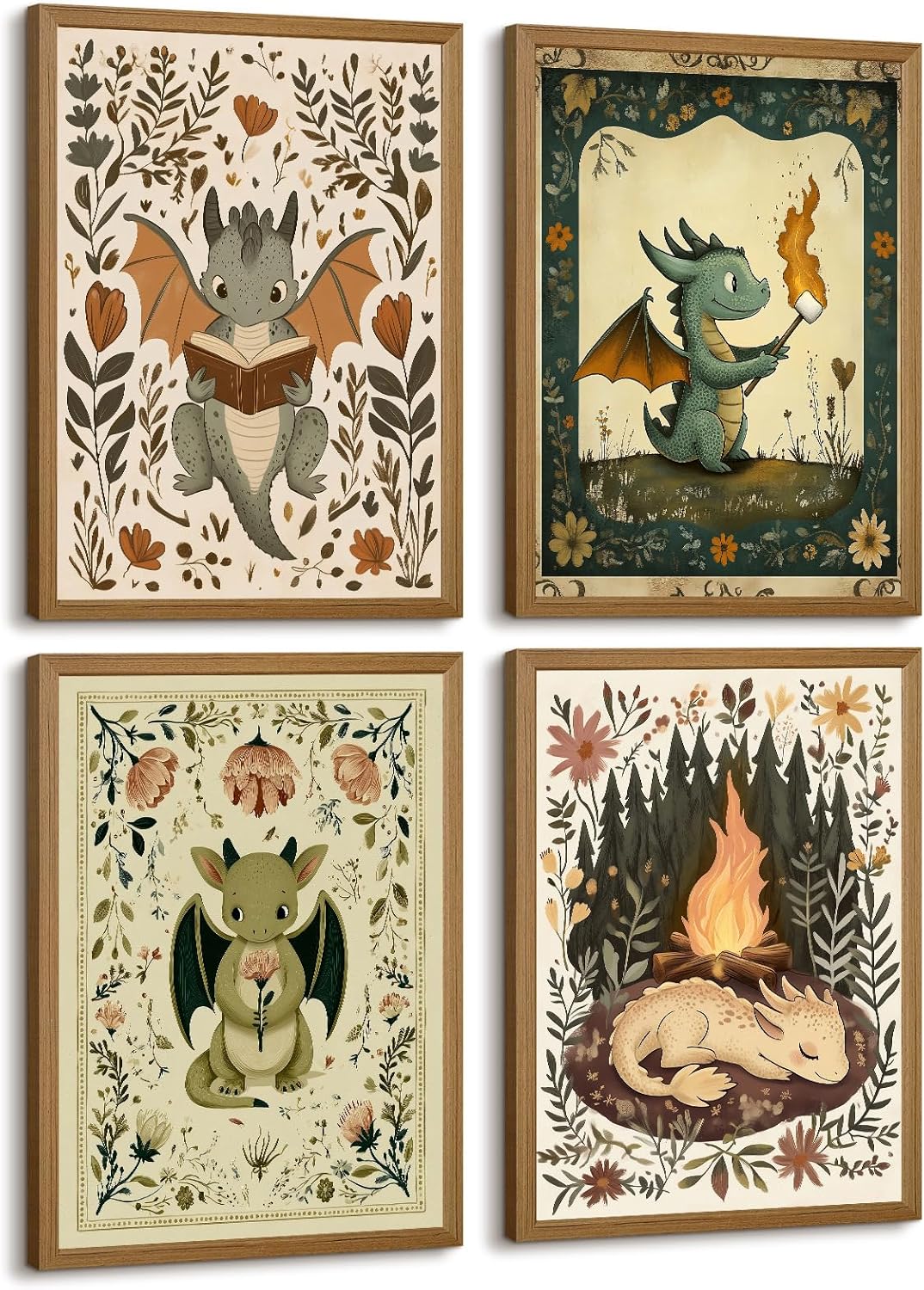 Vintage Nursery Dragon Wall Art Baby Boy Room Canvas Wall Decor Whimsical Dinosaur Flower Poster Nursery Cute Dragon Pictures Fantasy Prints Painting for Girls Bedroom Kids Room 4Pcs