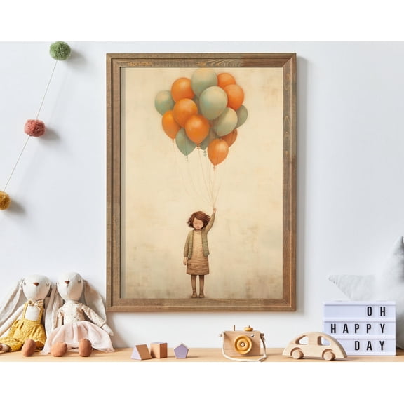 Vintage Nursery Wall Art, Little Girl Holding Balloons, Bedroom Decor, Rustic Girls Room Decor, Balloon Nursery, Baby Room Decor Wall Art, Modern Wall Decor, 16x24 UNFRAMED