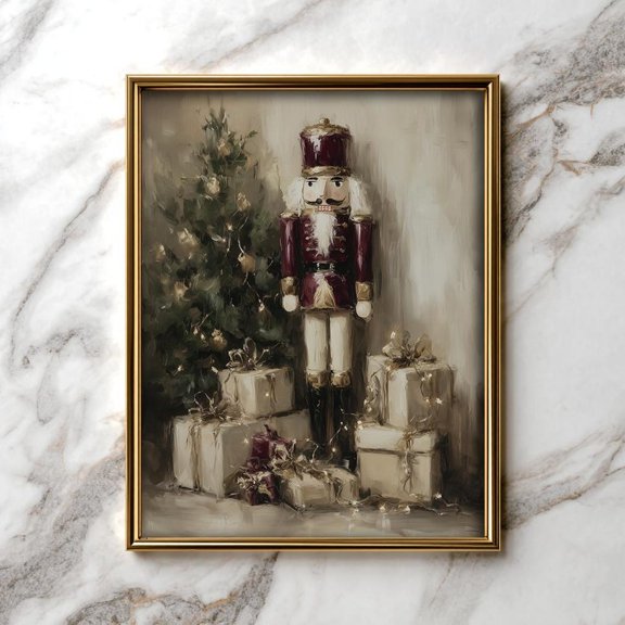 Vintage Nutcracker Soldier Print, Festive Holiday Wall Art, Cozy Rustic Decor, Christmas Scene With Tree & Gifts, 35 #2705, Unframed Canvas Size 8x12
