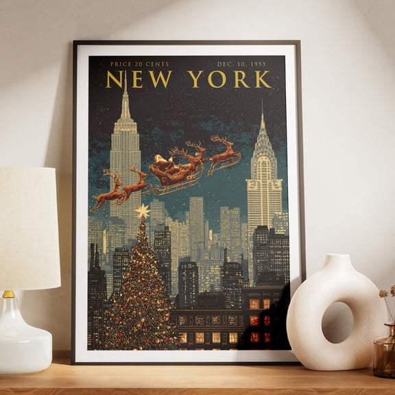 Vintage Nyc Noel 1955 Art Print, Retro New York Skyline Poster, Jolly Man Sleigh Wall Art, Nostalgic Festive Decor, Empire State UNFRAMED PAPER POSTER, Home Decor, Vintage Gift, Living Room Dercor