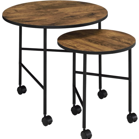 Vintage Oak And Black Nesting Tables, Compact Functional For Small Areas, Round Wooden Top With Easily Movable Caster Wheels Black, Home Decor Addition
