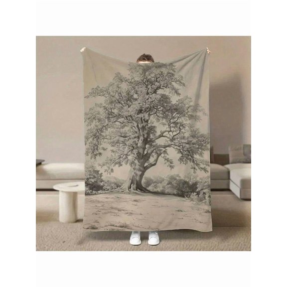 Vintage Oak Tree Flannel Blanket - All-Season Soft Warmth, Neutral Beige Gray, for Couch Camping Travel, Durable Indoor Outdoor Luxury Gift