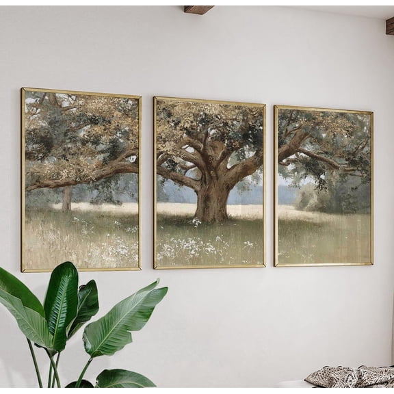 Vintage Oak Tree Landscape Set Rustic Countryside Meadow Wall Art Neutral Nature Trio Set 3 Stretched Canvas