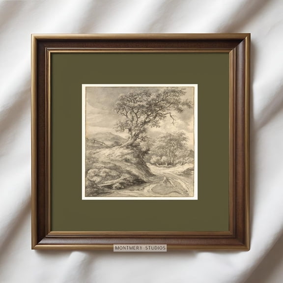 Vintage Oak Tree Landscape, Square Poster with Sage Green Mat, Landscape Sketch, Antique Forest Drawing Print Poster, Dark Green Wall Art Poster, A11, Unframed Poster Size 8x12 F03.1.19l304