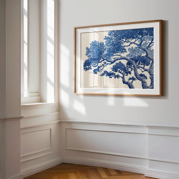 Vintage Oak Tree Print Linocut Forest Wall Art Blue Woodland Landscape Painting Botanical Decor Moody Tree Poster Nature Art Prints