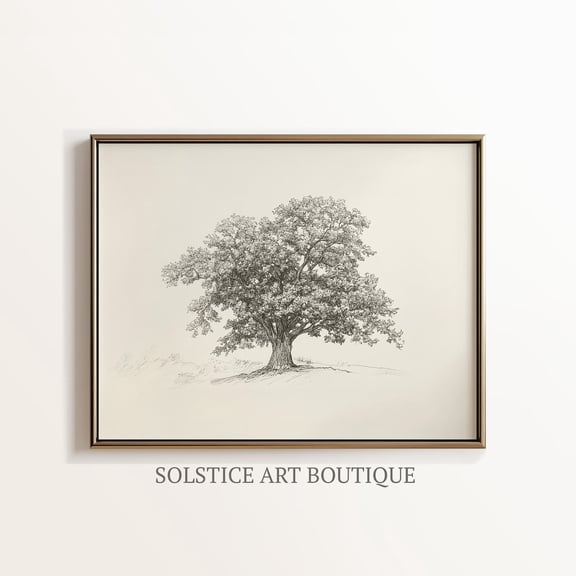 Vintage Oak Tree Sketch, Neutral Botanical Drawing, Unframed Paper Poster 8x10in