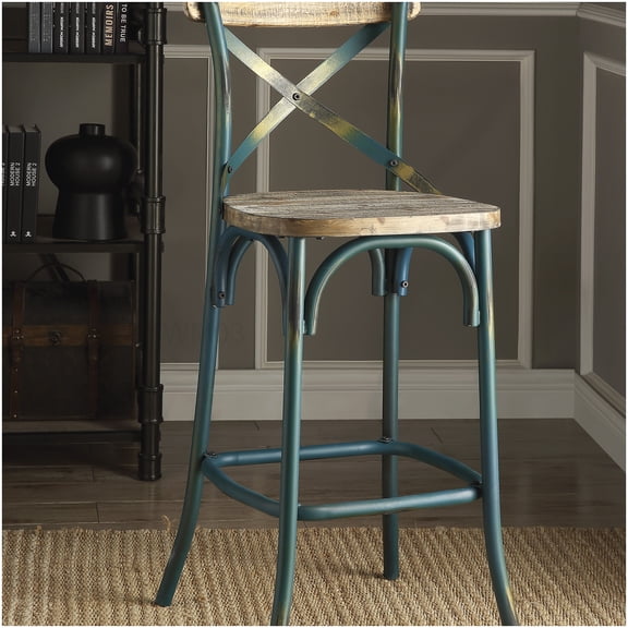 Vintage Oak and Turquoise Metal Bar Stool with Cross Back Design and Footrest