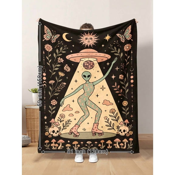 Vintage Occult Alien UFO Abducted Cow Plush Blanket, Rainbow Sun Moon Pattern, Warm Cozy All Seasons for Sofa Bedroom Travel Camping Gift