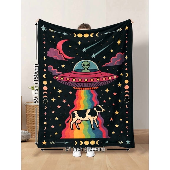 Vintage Occult Alien UFO Abducted Cow Plush Blanket, Rainbow Sun Moon Pattern, Warm Cozy All Seasons for Sofa Bedroom Travel Camping Gift