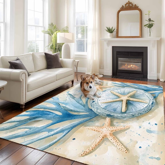 Vintage Ocean 5x8 Rug for Bedroom Under Queen Bed Placement, Blue Watercolor Coral Washable Non Slip Large Rectangle Area Rug