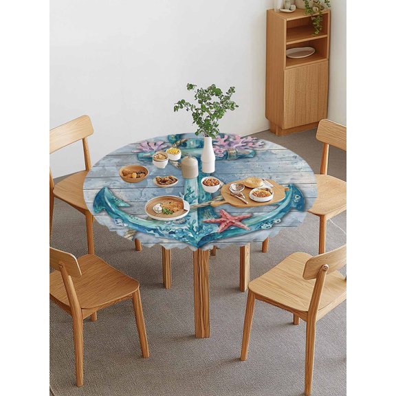 Vintage Ocean Anchor Round Fitted Tablecloth with Elastic Edge, Coral Starfish Barnacles Sea Wood Grain Waterproof Stretch Table Covers for 36"-44" Tables Wipeable Table Cloth for Outdoor
