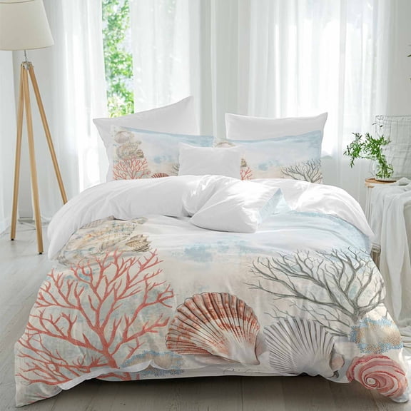 Vintage Ocean Duvet Cover Set King Size, Coral Shell 4 Piece Soft Microfiber Bedding Set with 1 Duvet Cover, 1 Flat Sheet, 2 Pillowcases