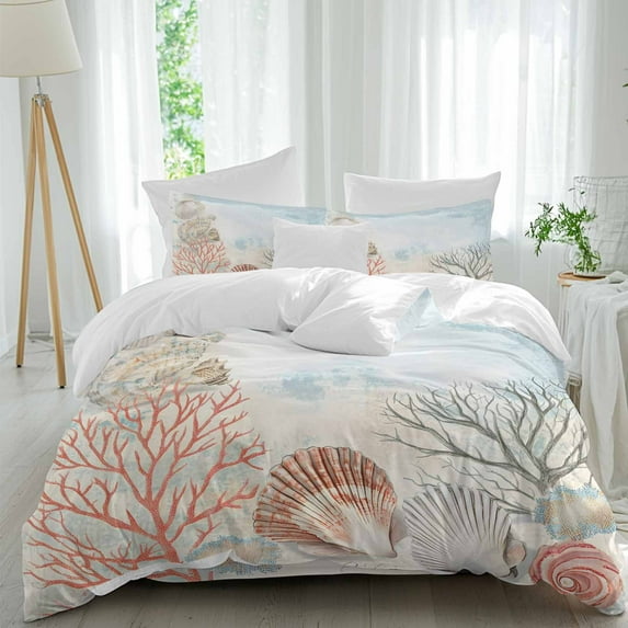 Vintage Ocean Duvet Cover Set Twin Size, Coral Shell 4 Piece Soft Microfiber Bedding Set with 1 Duvet Cover, 1 Flat Sheet, 2 Pillowcases