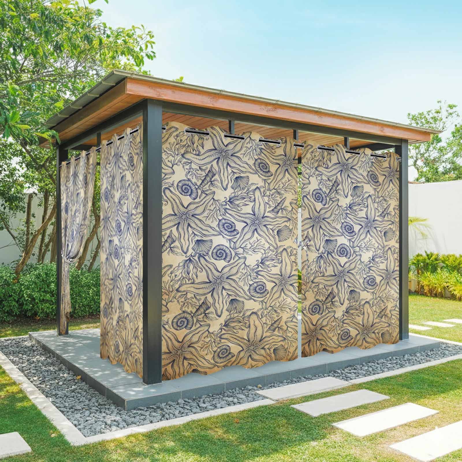 Vintage Ocean Flower Outdoor Curtains for Patio, Retro Nautical Brown Sea Shell Floral Sunshade Privacy Drapes Grommet Waterproof Outside Curtains for Porch/Cabana/Balcony 54"x 108", 1 Panel