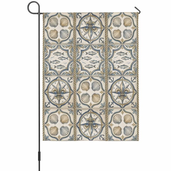 Vintage Ocean Garden Flags For Outdoor, Nautical Coastal Black Gold Sea Compass Fish Shell Small Double Side Yard Flags Weather Proof Garden Decor for Lawn Outside Holiday 12 x 18 Inches