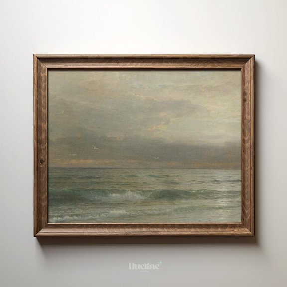 Vintage Ocean Horizon Print, Tranquil Seascape Wall Art, Moody Coastal Poster