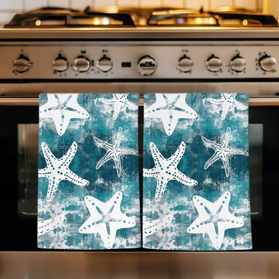Vintage Ocean Kitchen Towels Set of 1, Nautical Coastal Starfish Teal Green Absorbent Dish Towels for Kitchen, Microfiber Hand Towel, Quick Drying Tea Towel for Cleaning Decorative Dishcloths
