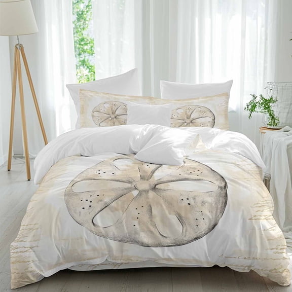 Vintage Ocean Queen Duvet Cover Set, Sand Money Beige Farmhouse 4 Piece Microfiber Bedding Set with Zipper Closure, Bed Sheet and 2 Pillow Shams, Soft Bedding Cover