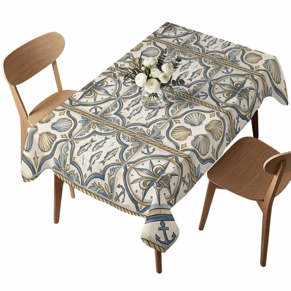 Vintage Ocean Rectangle Tablecloth Nautical Coastal Black Gold Sea Compass Fish Shell Waterproof Wrinkle Free Soft Table Cloth Spill-Proof Washable Table Cover for Dining Party Picnic 52 x 70 Inch
