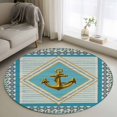 thumbnail image 1 of Vintage Ocean Round Living Room Rugs 4 ft, Golden Anchor Blue Stripes Washable Area Rug with Non-Slip Sturdy Edge Binding Round Carpet for Entryway Kitchen Bedroom Bathroom, 1 of 9