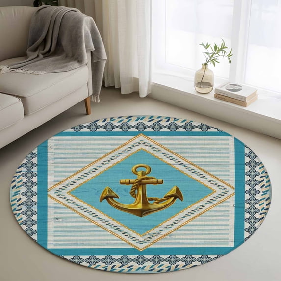 Vintage Ocean Round Living Room Rugs 4 ft, Golden Anchor Blue Stripes Washable Area Rug with Non-Slip Sturdy Edge Binding Round Carpet for Entryway Kitchen Bedroom Bathroom