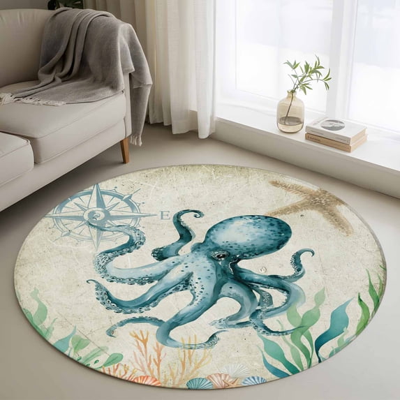 Vintage Ocean Round Living Room Rugs 4 ft, Octopus Starfish Seagrass Compass Nautical Washable Area Rug with Non-Slip Sturdy Edge Binding Round Carpet for Entryway Kitchen Bedroom Bathroom