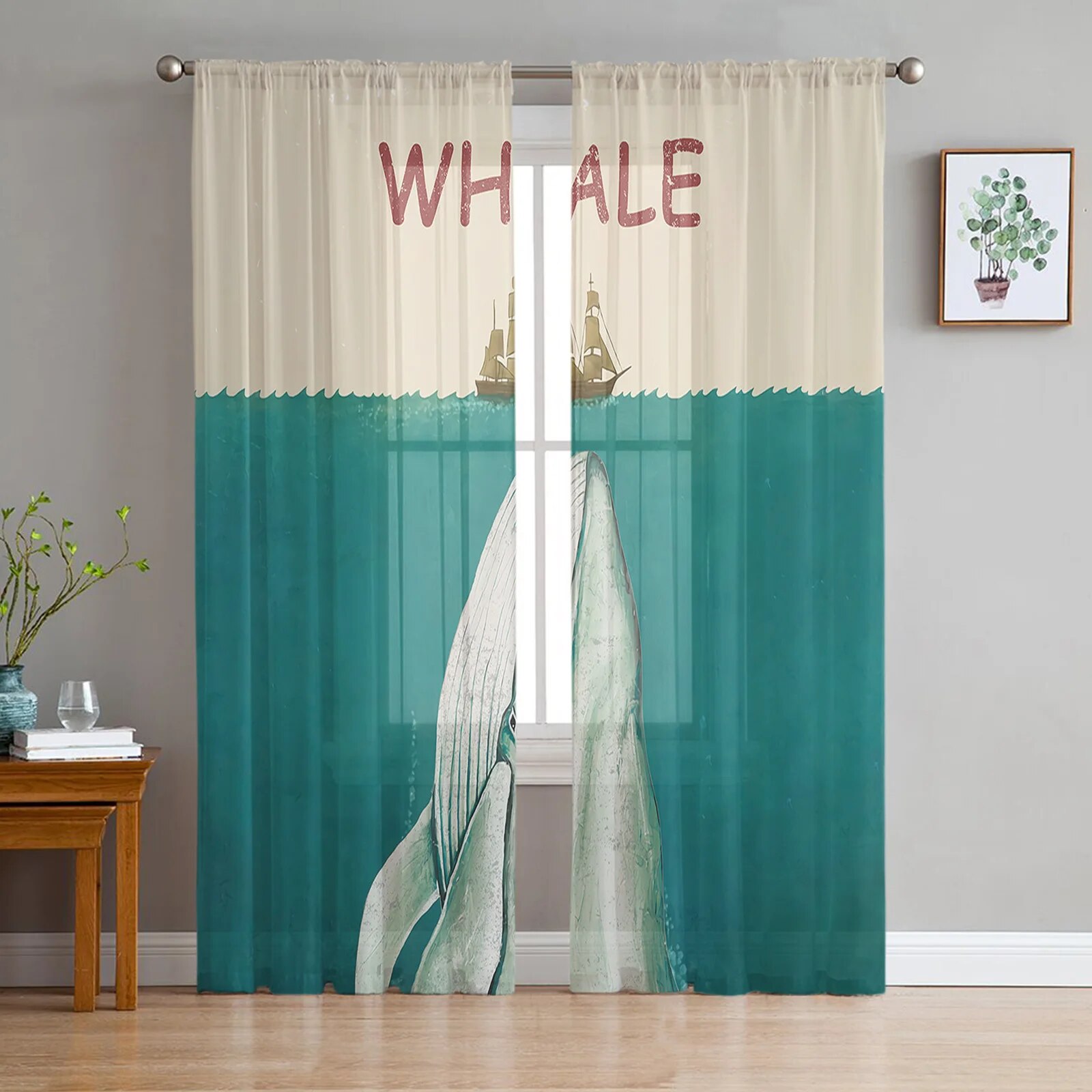 Vintage Ocean Ship Whale Sheer Curtains for Living Room The Bedroom