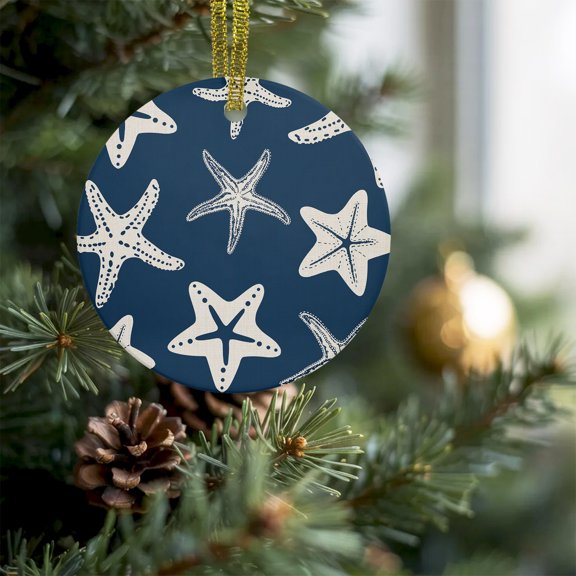 Vintage Ocean Starfish on Blue Christmas Ceramic Ornament 2026,3" Round Xmas Tree Hanging Accessories with Gold Ribbon,Marine Life on Linen Pendant Ornaments for Holiday Gift Home Party Decor