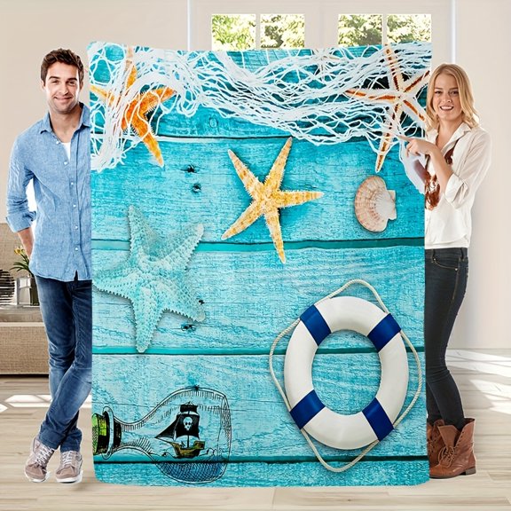 Vintage Ocean Starfish Lifebuoy Print Flannel Throw Blanket Soft Warm All Season Cozy Blanket with Starfish Accents Design for Napping Camping Travel and Home Decor Gift for Friends Family