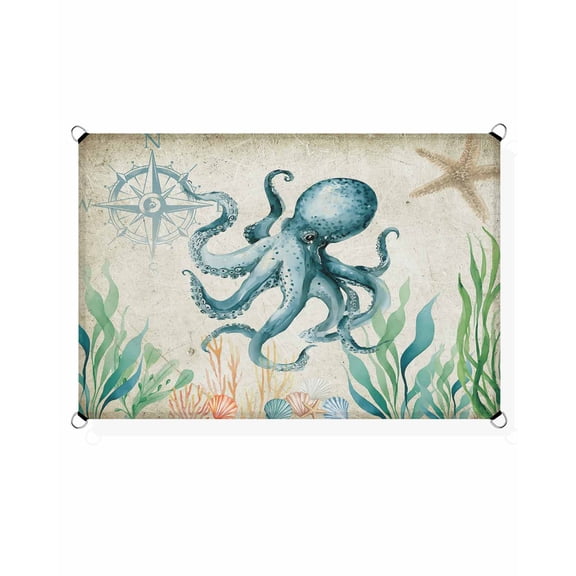 Vintage Ocean Sun Shade Sail 6.5'X10' Octopus Starfish Seagrass Compass Nautical UV Block Outdoor Sail Shades Breathable Waterproof Rectangular Sunshade for Patio Garden Pool Pergola Porch