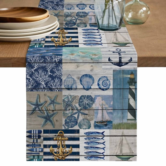 Vintage Ocean Table Runner 72 Inches, Nautical Anchor Sailboat Marine Life Watercolor Bed Runner Dresser Scarves Tabletop for Indoor Outdoor Parties/Ceremony/Banquet, 14" x 72"