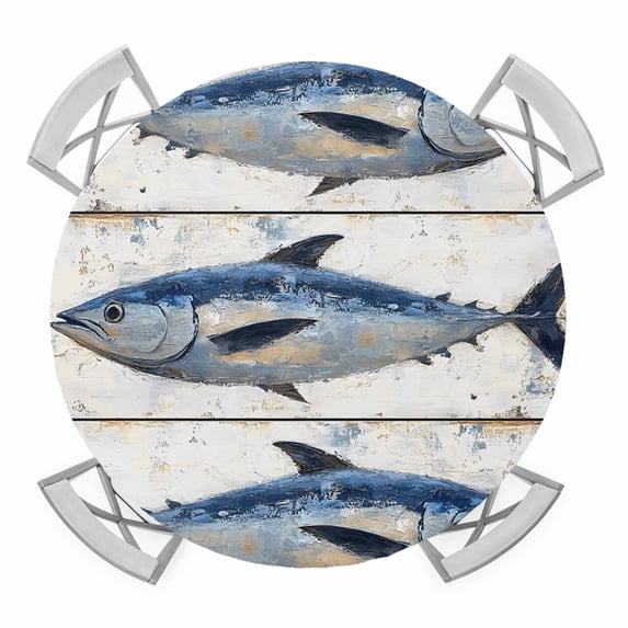 Vintage Ocean Tuna Elastic Fitted Round Table Cover Retro Oil Painting Waterproof Outdoor Tablecloth for Holiday Party, Picnic, Patio & Dining Fits Tables Up to 36"-44"
