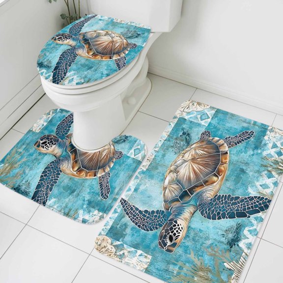 Vintage Ocean Turtle Bathroom Rugs Set Nautical Retro Watercolor Sea Turtle Seaweed Non Slip Absorbent Soft Bath Mats 3 Piece Set with Bathroom Rug, U-Shaped Floor Mat, Toilet Seat Cover Small Size
