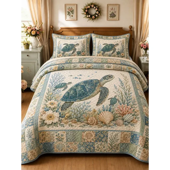 Vintage Ocean Turtle Beach Floral Patchwork 3‑Piece Quilted Bedding Set
