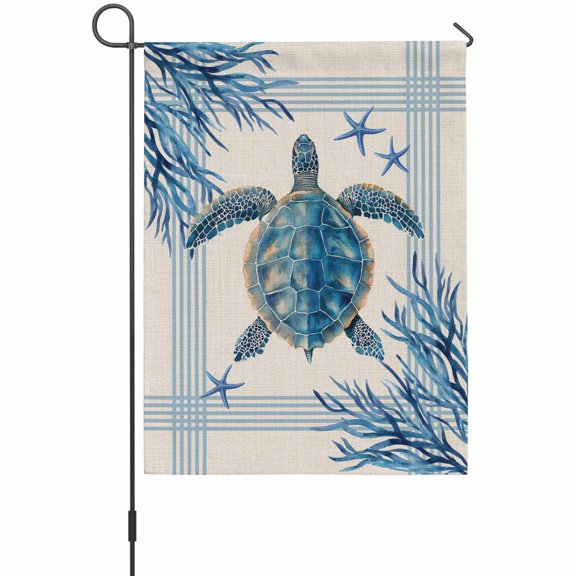 Vintage Ocean Turtle Garden Flag 12 x 18 Inches, Blue Starfish Coral Striped Summer Weather Proof Outdoor Patio Flags Double Sided Small Garden Decoration for Yard Outside Home