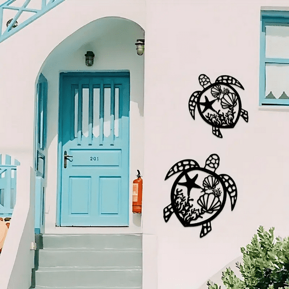 Vintage Ocean Turtle Metal Wall Art with Starfish and Seashells, Coastal Decor for Home or Patio